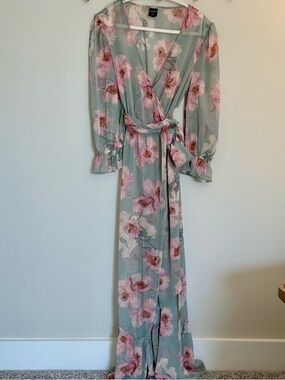 Express Floral Wrap Maxi Dress/Kimono - Sage & Pink